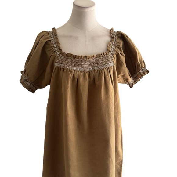 AMOUR VERT Smocked Embroidery Mini Dress Elm Green White Size M Sundress Sun - Picture 6 of 12